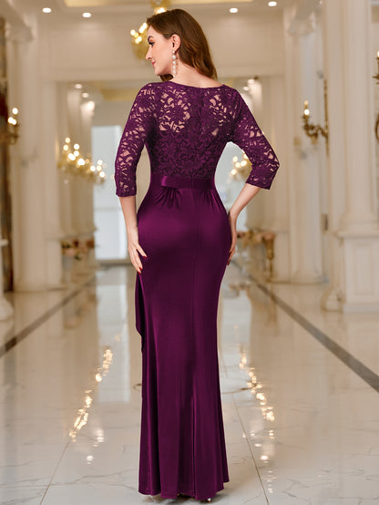 23187 Elegant Womens V Neck Floral Lace Maxi Dress Satin High Waist Ruffled Bodycon Split Hem 3/4 Sleeves For Graduation Season Wedding Season Summer Wedding Guest Evening Party And Formal Events