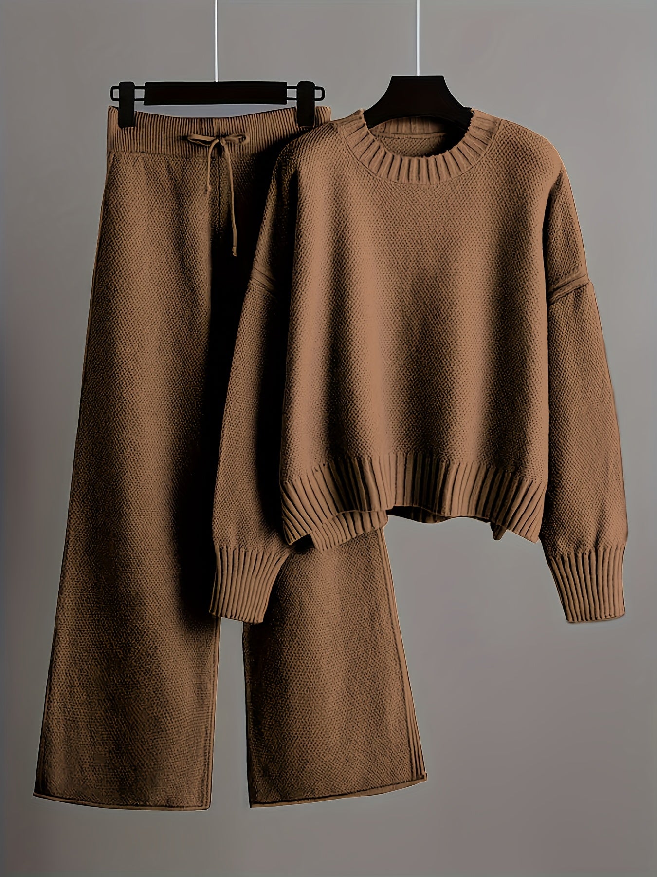 Ladies' Autumn And Winter New Sweater Fashion Two-piece Set: Unique Pattern Round Neck Drop Shoulder Long Sleeve Pullover + Straight Wide Leg Pants Combination, Loose And Casual Series