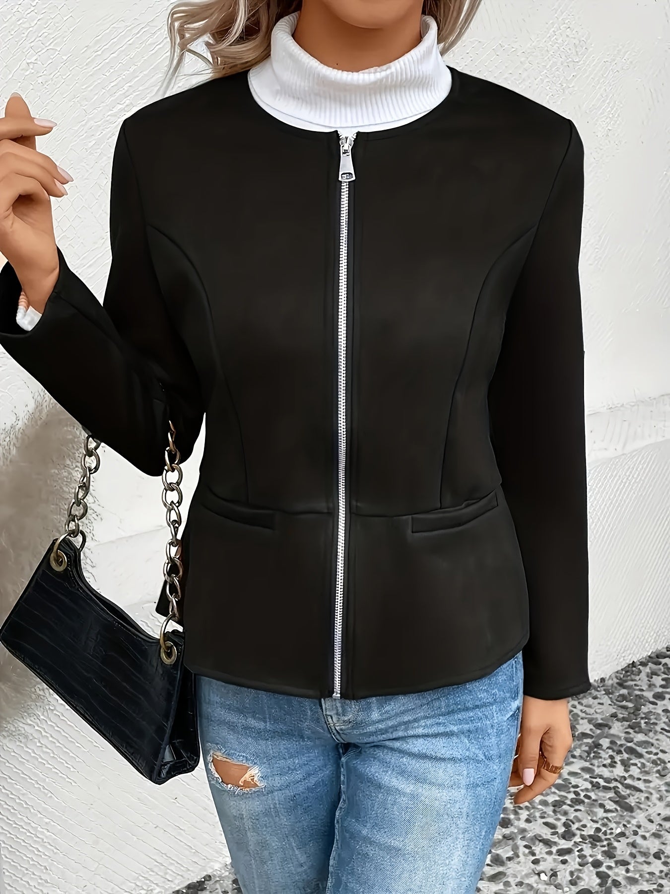 Today's Special! Women's Zip Up Casual Jacket - Slim Fit, Round Neck, Long Sleeve Coat, Trendy, Versatile for All Seasons, Multiple Colors (Black Friday Preview)