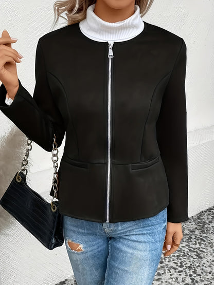 Today's Special! Women's Zip Up Casual Jacket - Slim Fit, Round Neck, Long Sleeve Coat, Trendy, Versatile for All Seasons, Multiple Colors (Black Friday Preview)