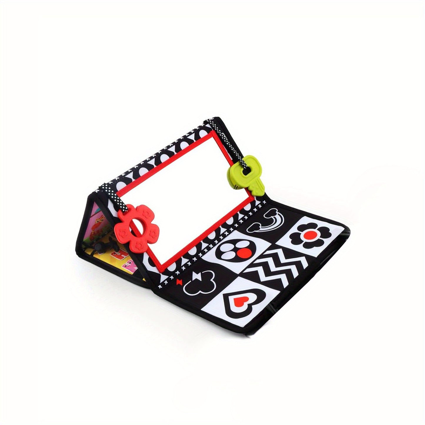 Double-Sided Tummy Time Floor Mirror with Teethers - Black & White High Contrast Baby Toys for Sensory Development, Crawling Aid with Interactive Animal & Geometric Patterns, Durable Plastic & Soft Fabric, Portable with Handles, Perfect Holiday Gifts for