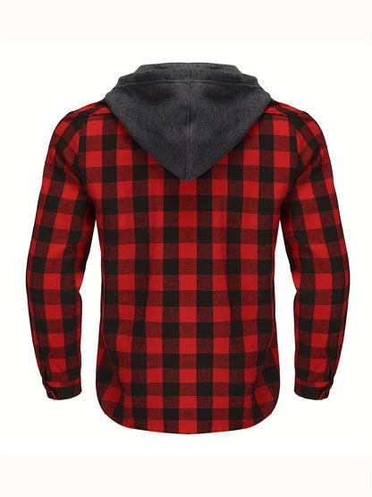 3pcs Set Men'S Hooded Plaid Long-Sleeve Shirt with Buttons, Suitable for Casual Home Wear in Spring And Autumn