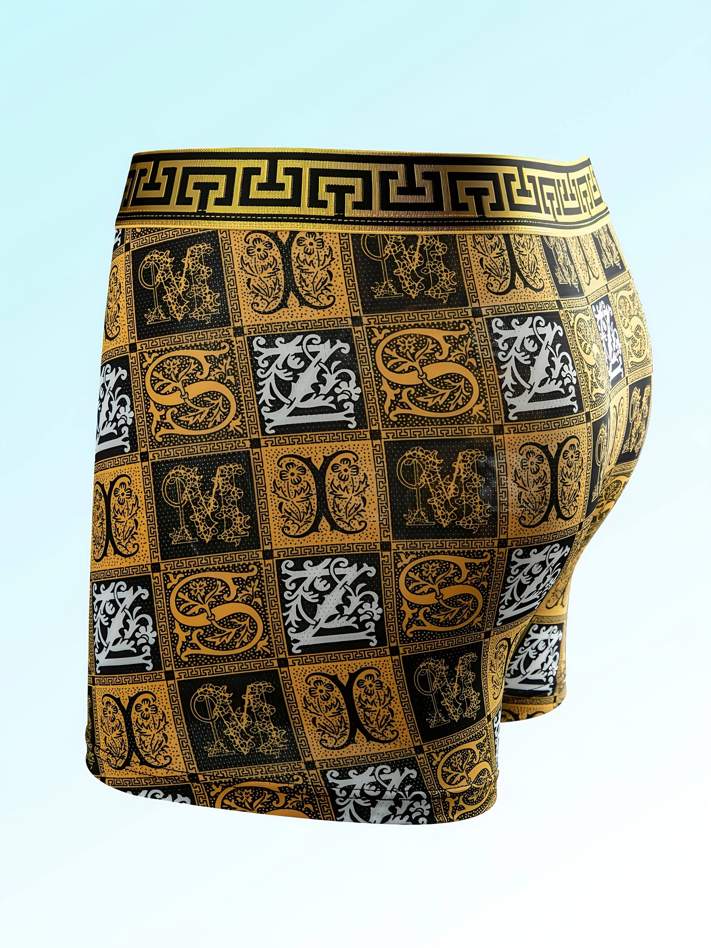 Men's Luxury Flat Corner Underwear - 5pcs Random Set, Elastic, Daily Casual, Black Golden Printed, A Great Gift for Him