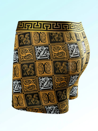 Men's Luxury Flat Corner Underwear - 5pcs Random Set, Elastic, Daily Casual, Black Golden Printed, A Great Gift for Him