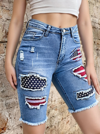 Women'S Jeans Embroidered With The American Flag, Tight Fitting Ripped Elastic Bermuda Summer Shorts, Essential Clothing For Comfortable Spring And Summer Outfits
