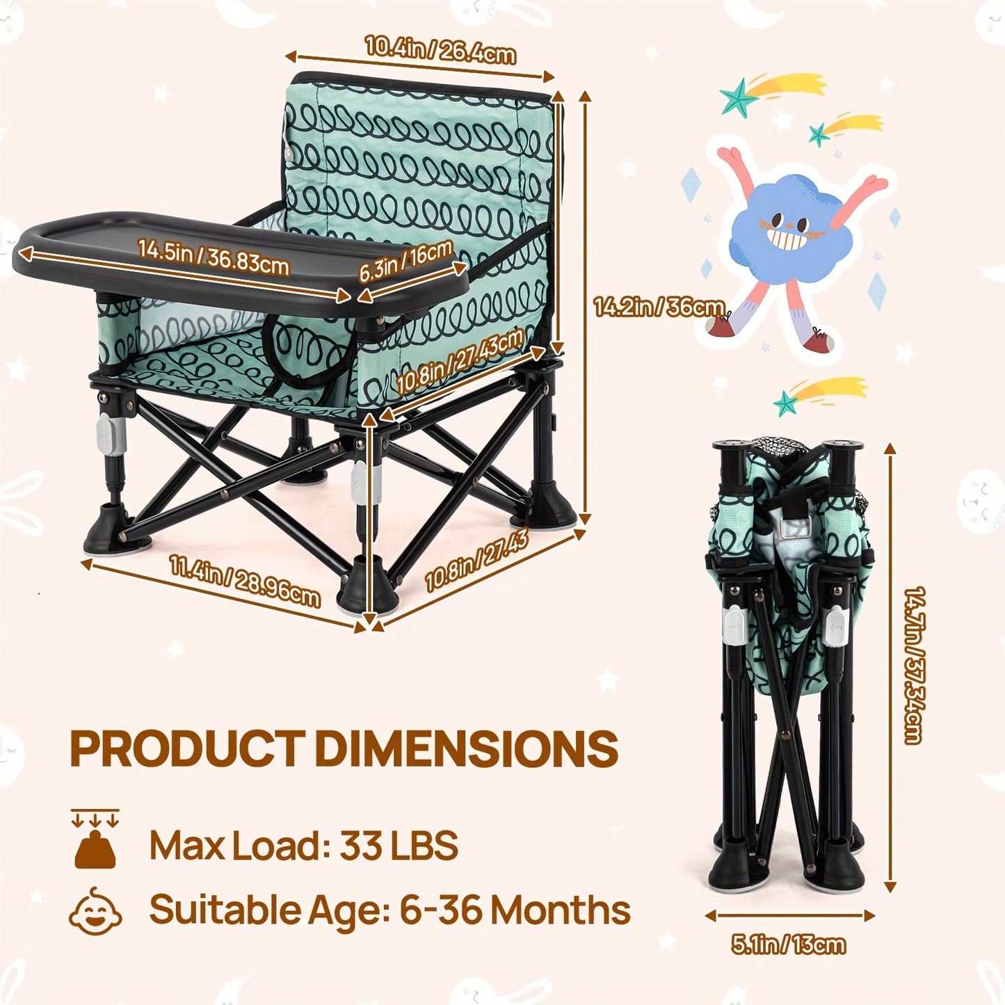 Portable Baby Beach Chair:Foldable Baby Portable Baby Chair Dining Chair, Baby Camping Chair with Tray for Baby Girl, Toddler Camping Chair Design Straps to Kitchen Chairs Portable Chair | Indoor And Outdoor Use As Hallowee & Christmas