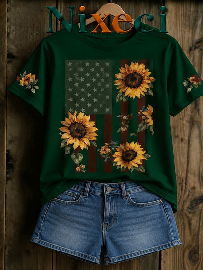 Nixeci Brand Men's Novelty Sleepwear Flag Sunflower Floral Graphic Cotton T-Shirt, Casual Graphic Tee for Summer Outfit, Streetwear Casual Attire, Trending Gift Idea