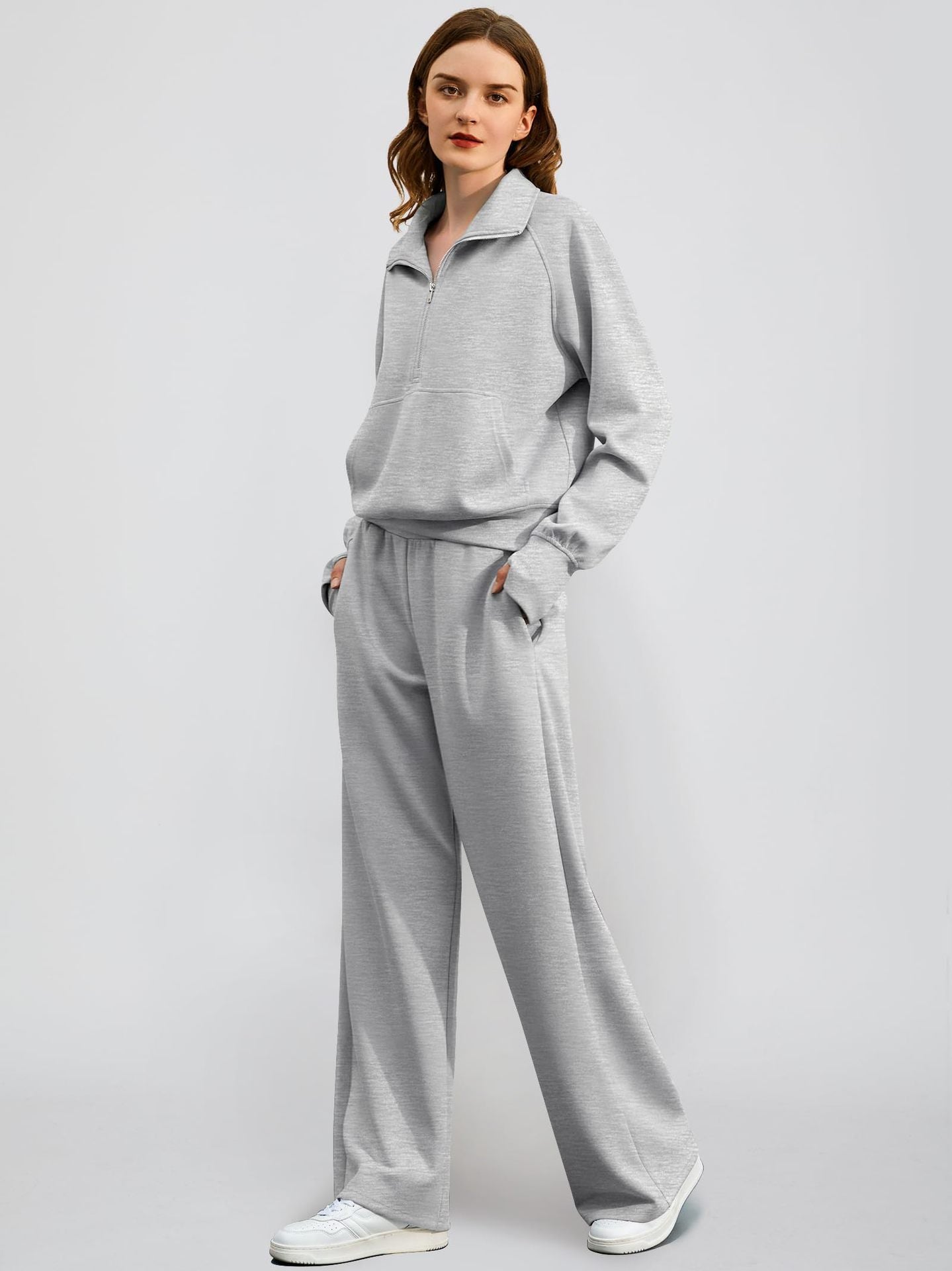 2Pcss Outfits for Women, Oversized Half-Zip Sweatshirt And Wide Leg Sweatpants Set, 2026 Spring Casual Lounge Tracksuit Women'S Trendy 2Pcss Matching Set, Oversized Quarter-Zip Pullover And Loose Wide Leg Trousers, Chic Spring Sporty Outfits