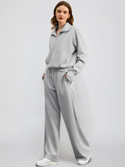 2Pcss Outfits for Women, Oversized Half-Zip Sweatshirt And Wide Leg Sweatpants Set, 2026 Spring Casual Lounge Tracksuit Women'S Trendy 2Pcss Matching Set, Oversized Quarter-Zip Pullover And Loose Wide Leg Trousers, Chic Spring Sporty Outfits