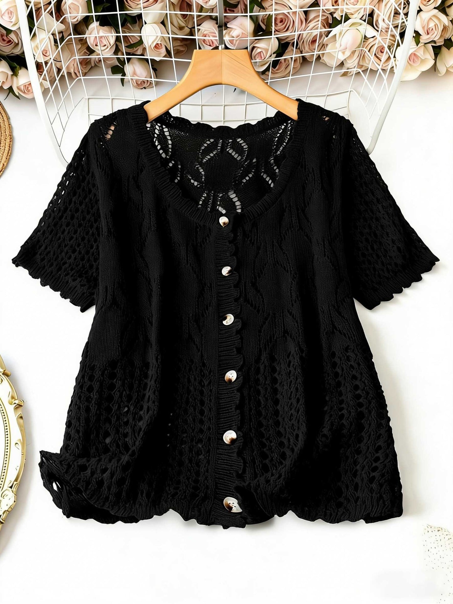 Plus Size - Large Size Women'S Casual Cardigan Light And Thin Short Sleeved Pearl Button, Semi Transparent, Round Neck All Season Versatile Layered Top