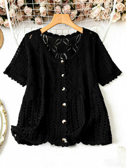 Plus Size - Large Size Women'S Casual Cardigan Light And Thin Short Sleeved Pearl Button, Semi Transparent, Round Neck All Season Versatile Layered Top