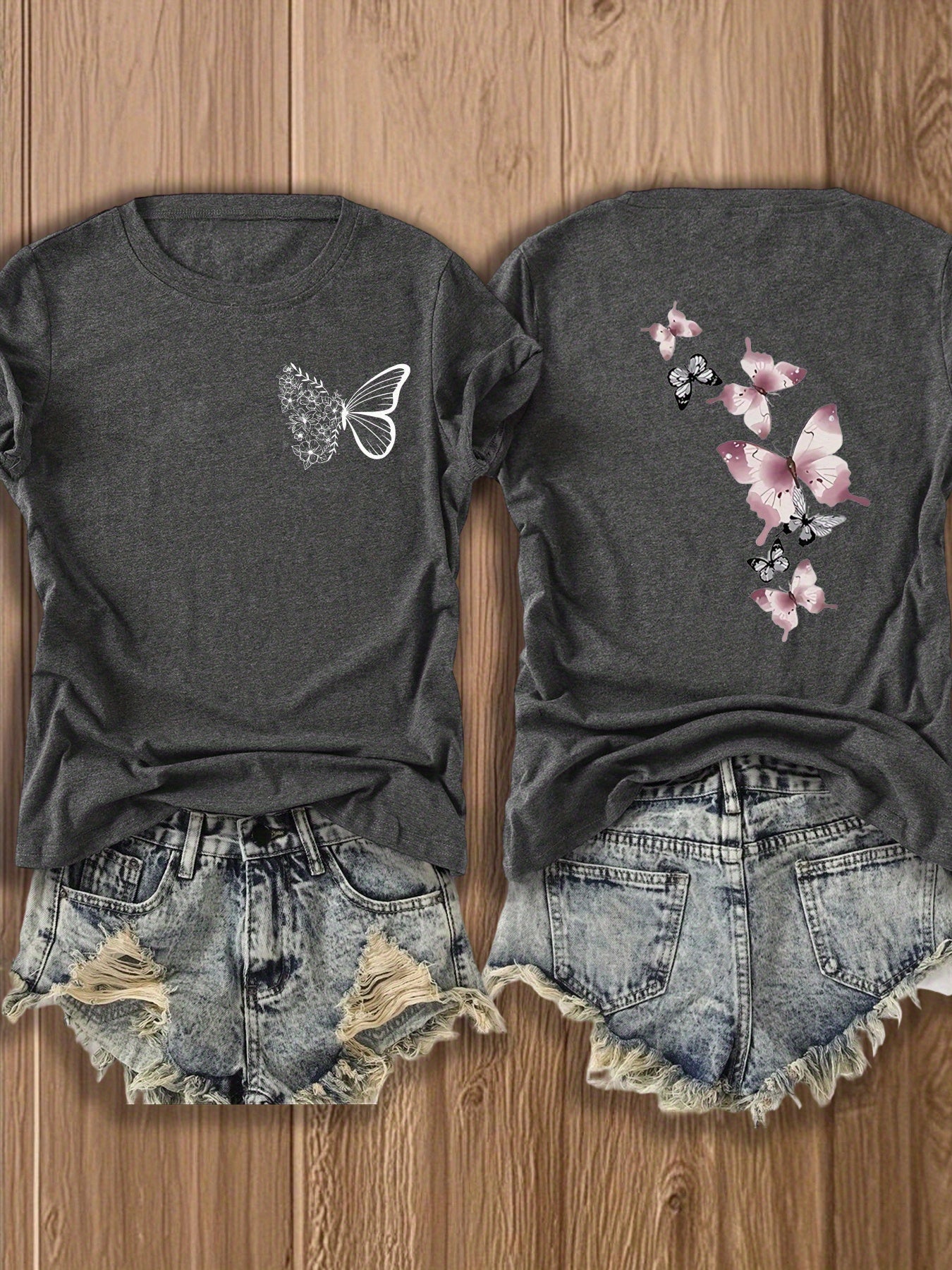 Butterfly Garden Double-Sided Print T-Shirt - Elegant And Whimsical Design, Suitable for Spring Wear, a Perfect Choice for Nature Lovers And Fashion Enthusiasts, Trendy Casual T-Shirt with Double-Sided Print Design