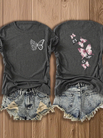 Butterfly Garden Double-Sided Print T-Shirt - Elegant And Whimsical Design, Suitable for Spring Wear, a Perfect Choice for Nature Lovers And Fashion Enthusiasts, Trendy Casual T-Shirt with Double-Sided Print Design
