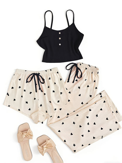 Trendy Heart Print 3pcs Pajama Set - Casual Cami, Shorts & Pants Loungewear for Sleep, Lounge & Daily Wear