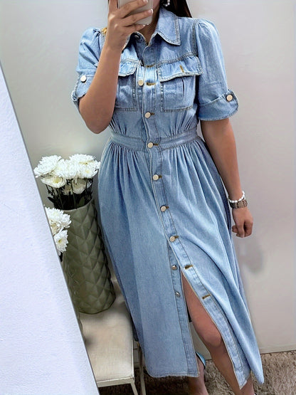 Cross Border Denim Skirt, Women'S Waist Trimming, Large Skirt Hem, Dress with Button Up V-Neck, Fashionable And Temperament, Women'S Skirt