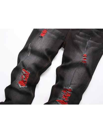 Ripped Jeans for Men Stretch Slim Fit Red Demin