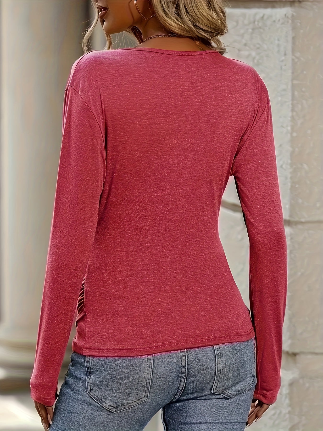 [Casual T-Shirt] Casual Long Sleeve Solid Ruched Surplice Neck T-Shirt | Women's Clothing for Spring & Fall
