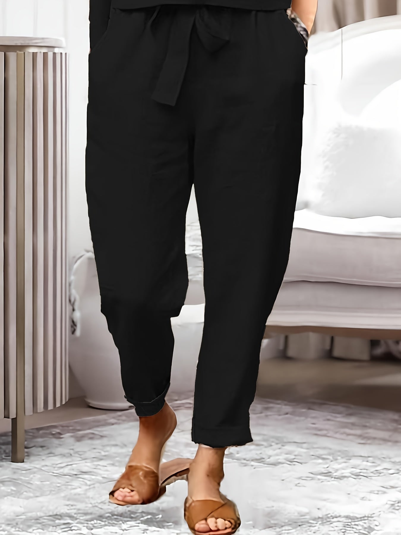 TOOLUCK Casual Solid Two-piece Set, Short Sleeve Simple Top & Tie Waist Pants Outfits, Women's Clothing