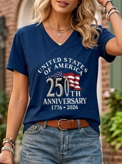 Women'S Elegant Vneck Short-Sleeved T-Shirt | Featuring Flag Print, Soft Stretchy Fabric, Machine Washable, Ideal For Spring/Summer Casual Wear