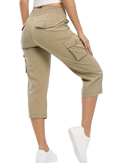 3pcs Women'S Fashionable Cargo Capri Pants for Summer, with Elastic Waistband And Pockets - Casual Sports Capri Pants, Breathable Blend