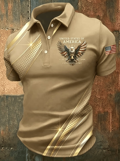 Plus-Size Men'S Summer Short-Sleeve Polo Shirt, Men'S T-Shirt, Men'S Top, American-Style Commemorative Flag Print Short-Sleeve, Golden Lines Eagle Print Design, Flag Sleeve Badge, Business Casual Short-Sleeve Top, Plus Size