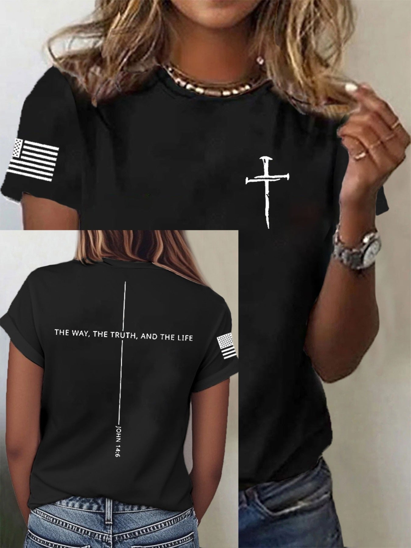 Nixeci Brandnixeci Brandpatriotic Christian Crew Neck T-Shirt - Lightweight And Breathable Short-Sleeve Top with "The Way, The Truth, The Life" Cross And American Flag Design. 3D Digital Print, Specially Designed for Teenagers, For Teenager