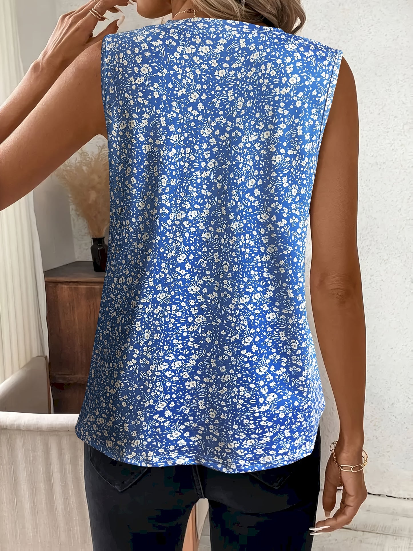 Women's Light Blue Floral Print V-Neck Tank Top - Sleeveless, Polyester Blend, Perfect for Summer Vacations, Machine Washable