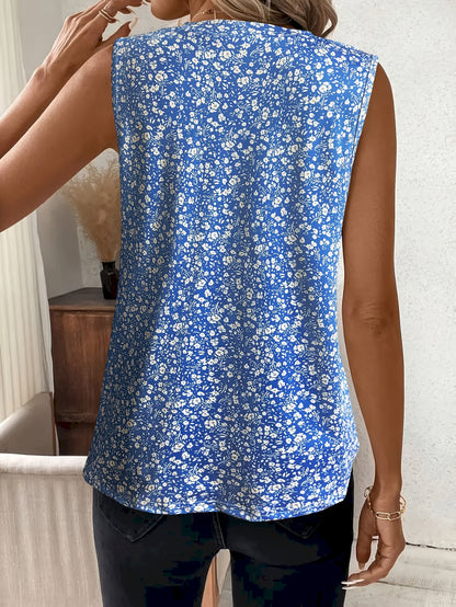Women's Light Blue Floral Print V-Neck Tank Top - Sleeveless, Polyester Blend, Perfect for Summer Vacations, Machine Washable
