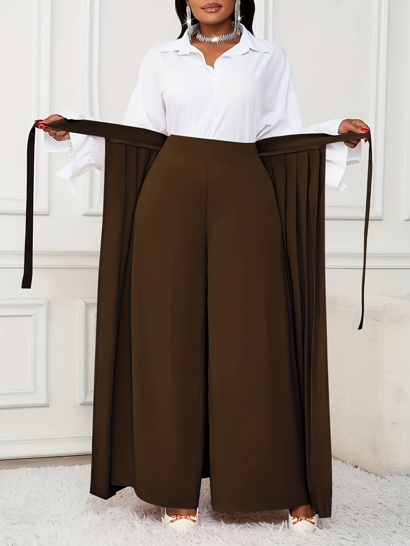 Plus Size - Plus-size Women'S Pants With Elegant Pleats, Removable Design, Two-way Wear, Straight-leg Style, Retro Chic, Casual, Suitable For All Seasons Throughout The Year.