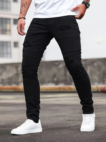 [HME] Men'S Casual Jeans, Fashionable Perforated Patch Style, Three-Dimensional Cut And Patchwork Design, Mid-Waist Elastic Slimming Skinny Pants, Suitable for All Seasons, Essential for Daily Casual Wear Men'S Denim Long Pants