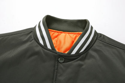 Men'S Plus Size Olive Green Varsity Jacket with Orange Accents - Thick, Warm, and Stylish for Fall/Winter, Baseball Collar, Button-Up Front, Side Pockets, Casual & Outdoor Wear, PLUS SIZE