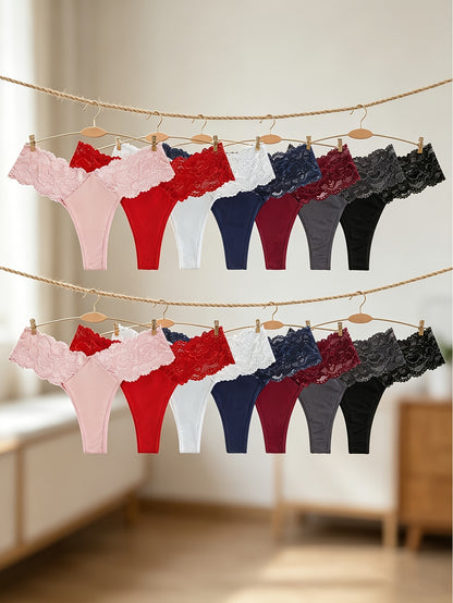 14pcs Comfortable And Breathable Lace Panties, Sexy Bikini Briefs, Solid Color Floral Lace, Scalloped Trim, Elastic Skin-friendly Hipster, Semi Sheer Low-waist Women's Underwear