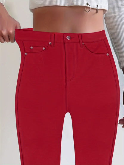 Women's High-Waisted Stretch Street Style Solid Black Skinny Fashion Metal Button Detail Casual Jeans