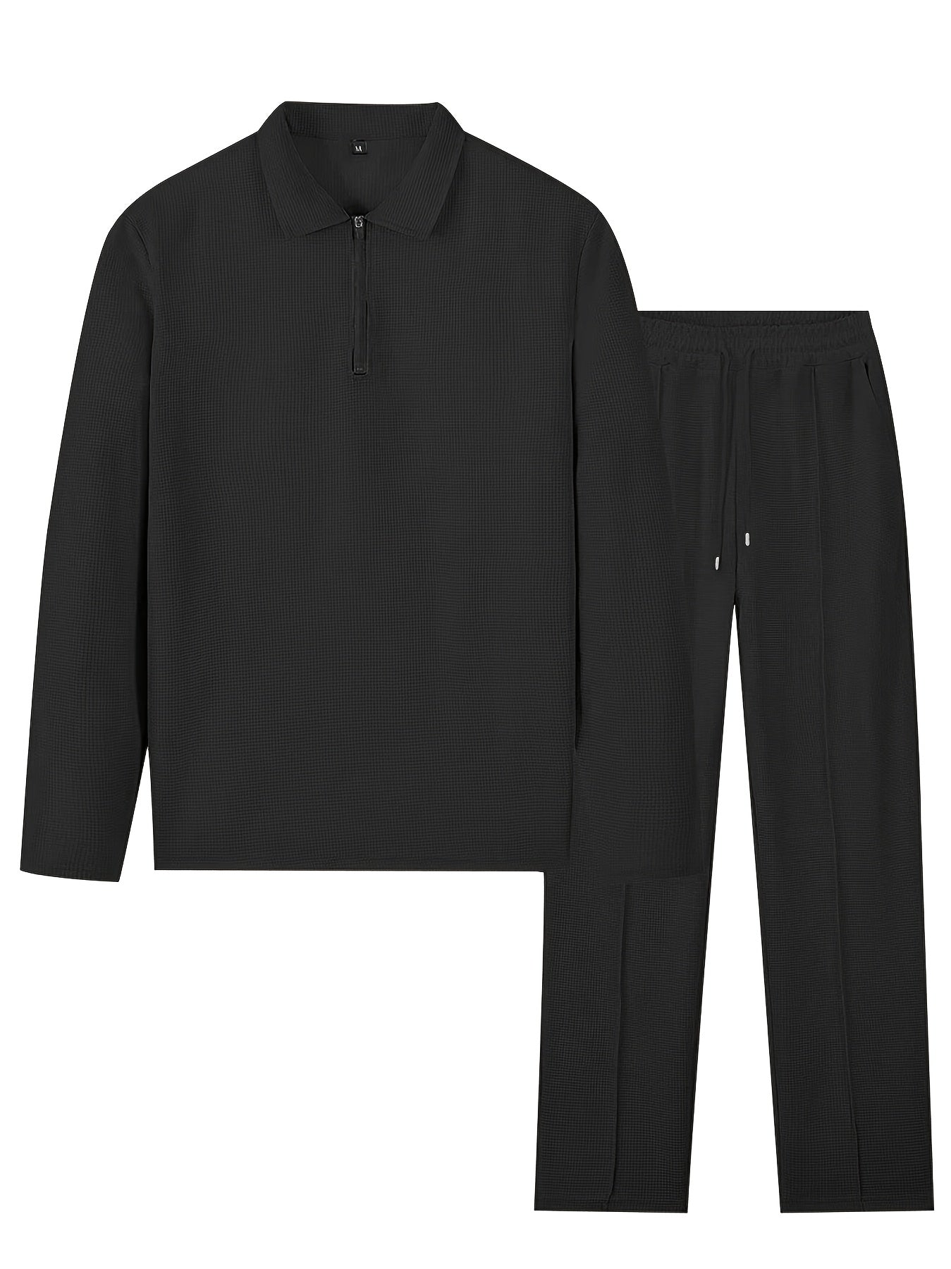 Mens 2pcs Outfits, New Spring Fall Waffle Knit Long Sleeve Top & Pants Set, Comfortable Breathable Casual Sports Tracksuit for Daily Workout