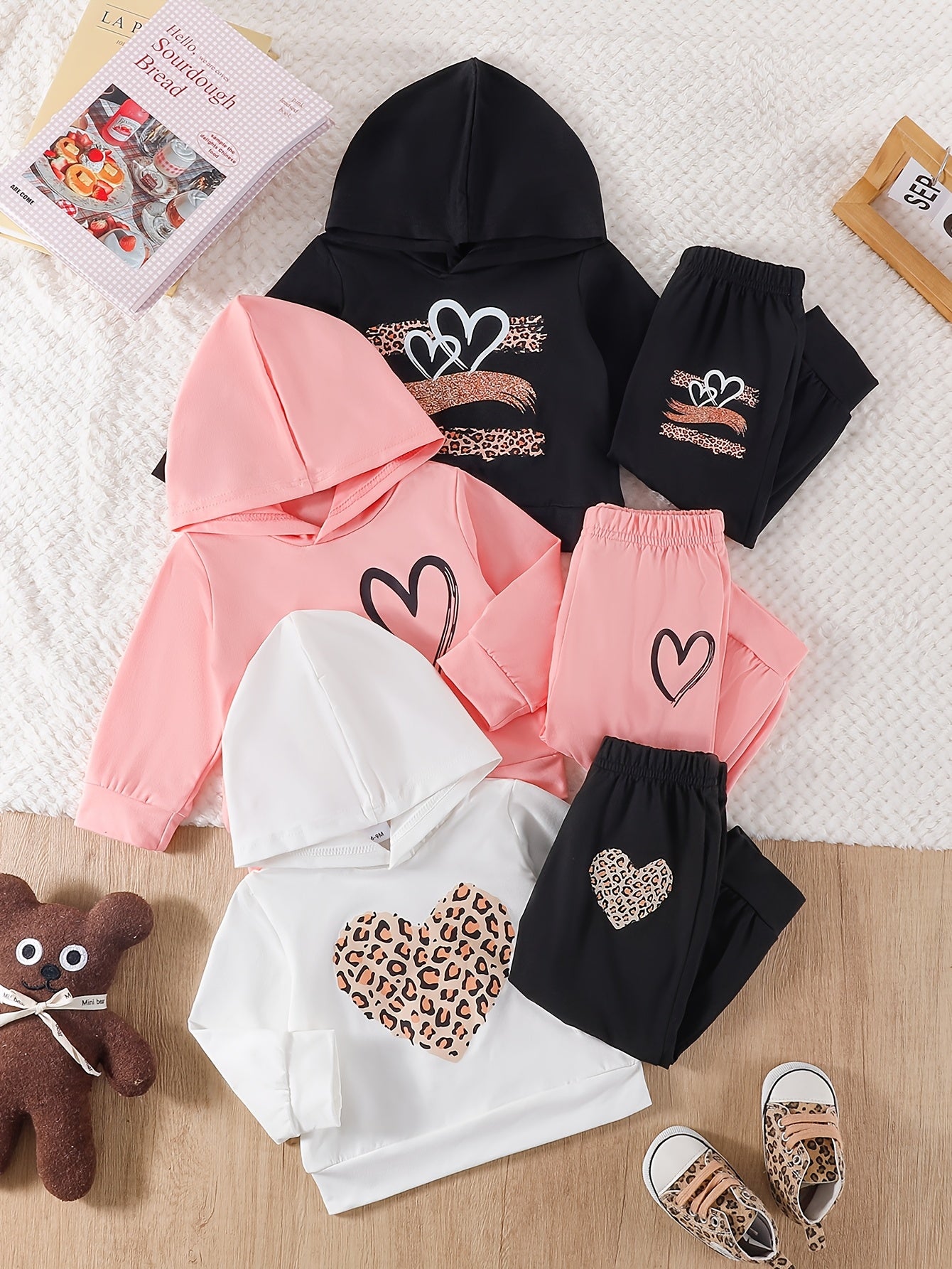 Baby Girl Clothes, 6pcs Baby Girl Items, Fall Winter Outfit Set, Heart Leopard Print Hoodie & Pants Suits, Casual Daily Wear For 236.22-1417.32inch Toddler Baby, for Outdoor