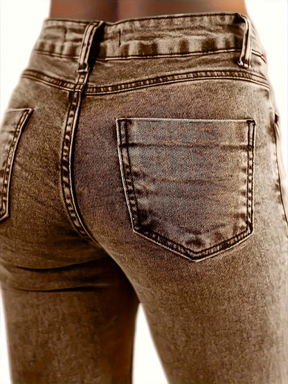 Women's Colored Cow Fashion Stretch Maillard Brown Retro Washed Denim Horseshoe Micro Pull Pants