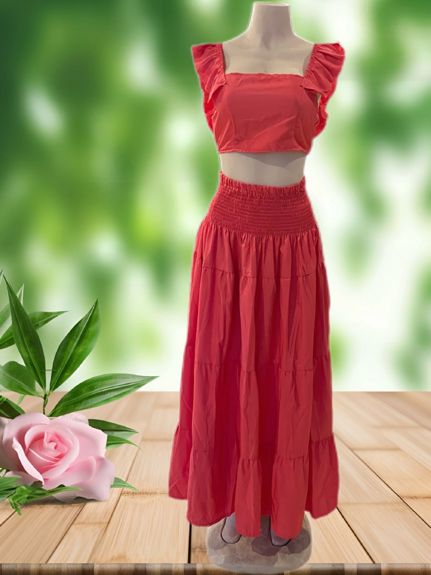 22024 (1pc) Summer Blooms Two-Piece Set - Womens Ruffled Crop Top & Flowy Maxi Skirt Ensemble, Elegant Occasion Wear