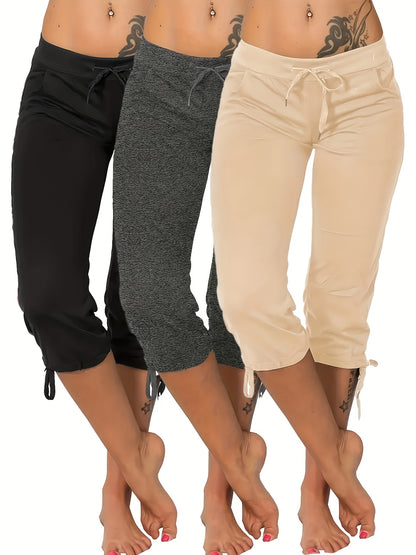 (3 Pack) Women's Lightweight Cropped Trousers with Drawstring Waist - Casual Trousers, Comfortable And Stylish Everyday Trousers for Spring And Summer | Loose Fit Trousers | Casual Style Trousers