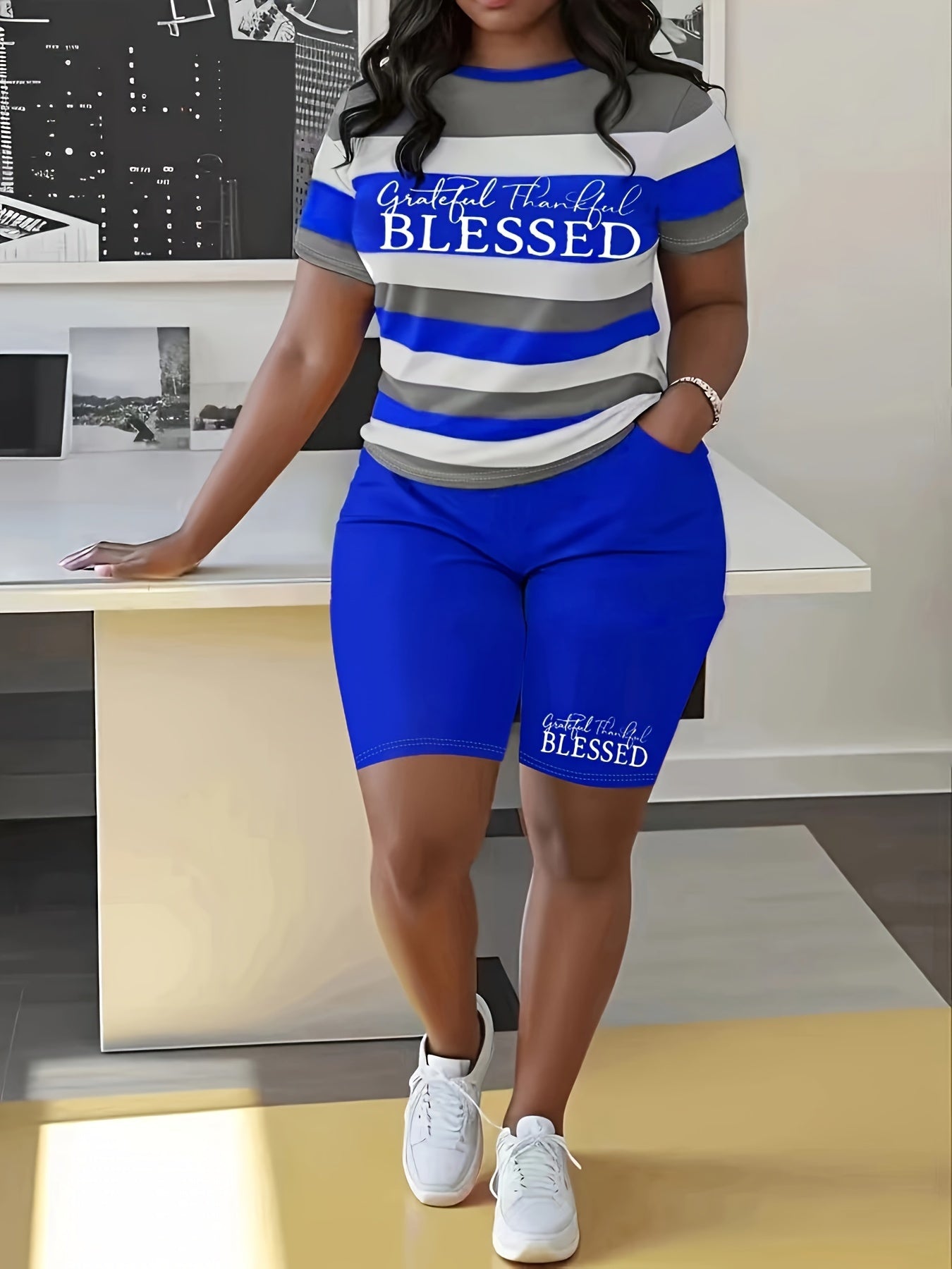 Plus Size BLESSED Print Biker Shorts Set, Striped Short Sleeve Crew Neck T-shirt & Pocket Biker Shorts, Women's Plus Size Clothing