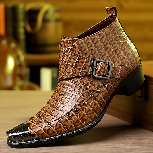 Men'S Solid Color Pointed Ankle Boots with Crocodile Pattern Embossed Upper, Metal Decoration And Rivet Details - Cool Boots Suitable for Nightclubs And Urban Styles