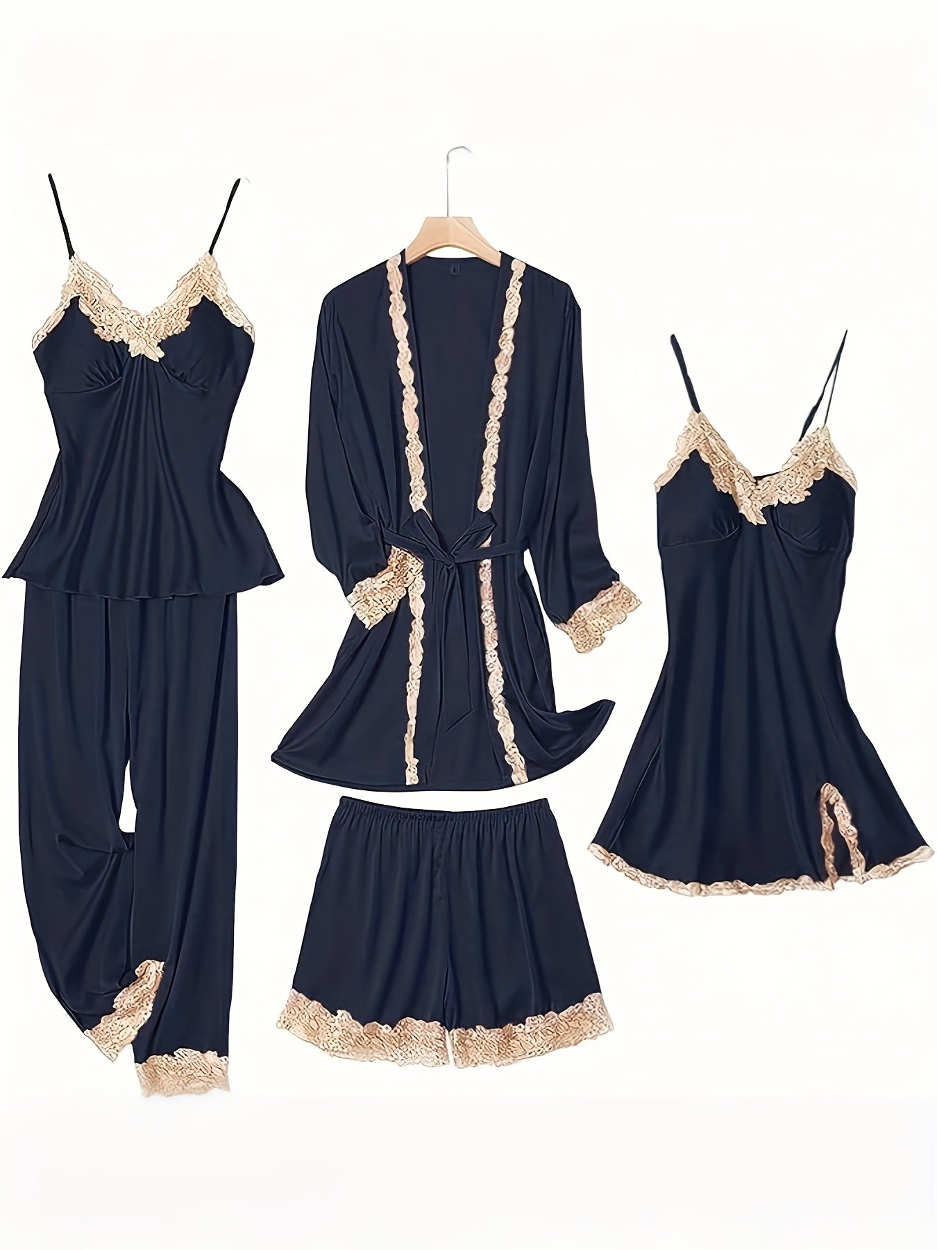5pcs Set of Women'S Lace Sleepwear, Featuring a Charming Pajama, Casual Satin Outfit That Is Loose, Cozy, And Soft. The Set Includes a Robe, a Strap Skirt, a Short Tank Top, Shorts, And Pants