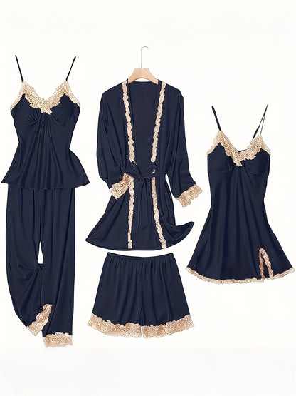 5pcs Set of Women'S Lace Sleepwear, Featuring a Charming Pajama, Casual Satin Outfit That Is Loose, Cozy, And Soft. The Set Includes a Robe, a Strap Skirt, a Short Tank Top, Shorts, And Pants