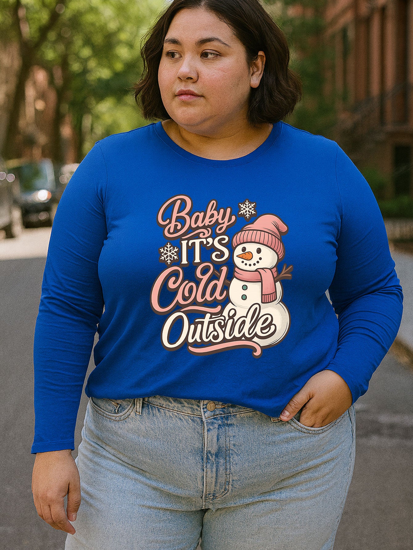 Plus Size, Oversized T-shirt with snowman pattern wearing pink hat and scarf, casual round neck oversized bottoming shirt, oversized long-sleeved T-shirt for spring and summer, Women's swear, new Women's clothing, machine washable