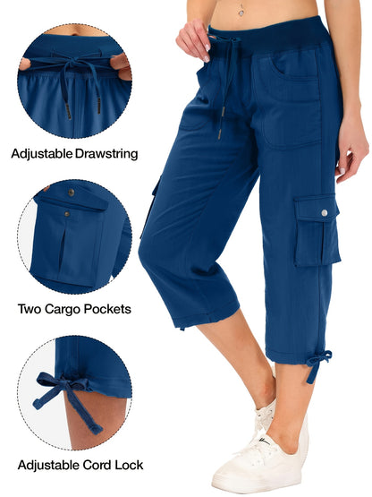 Women's Cargo Capri Hiking Pants Quick Dry Lightweight Travel Casual Workout 50+ Button Pockets