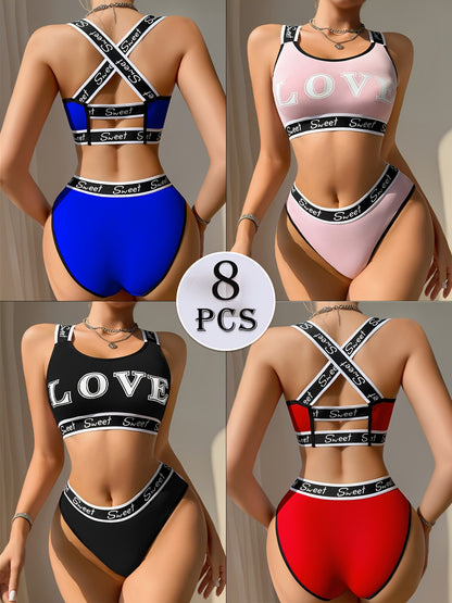 8pcs 8 Pack Women Crisscross Back Push Up Bra & Panty Sets, Soft Quick Dry Breathable Sports Lingerie, Contrast Color Straps Low Rise Underwear, Women'S Sexy Lingerie & Underwear