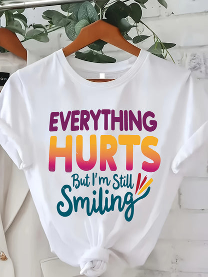 Plus-Size Casual Fashion Printed T-Shirt, Trendy Women'S Base Shirt, Suitable for Daily Outings, Full Of, All-Season Wear, Comfortable Fit. Women'S T-Shirt with Funny Print "Everything Hurts, I'M Hungry", Casual Round-Neck Shirt