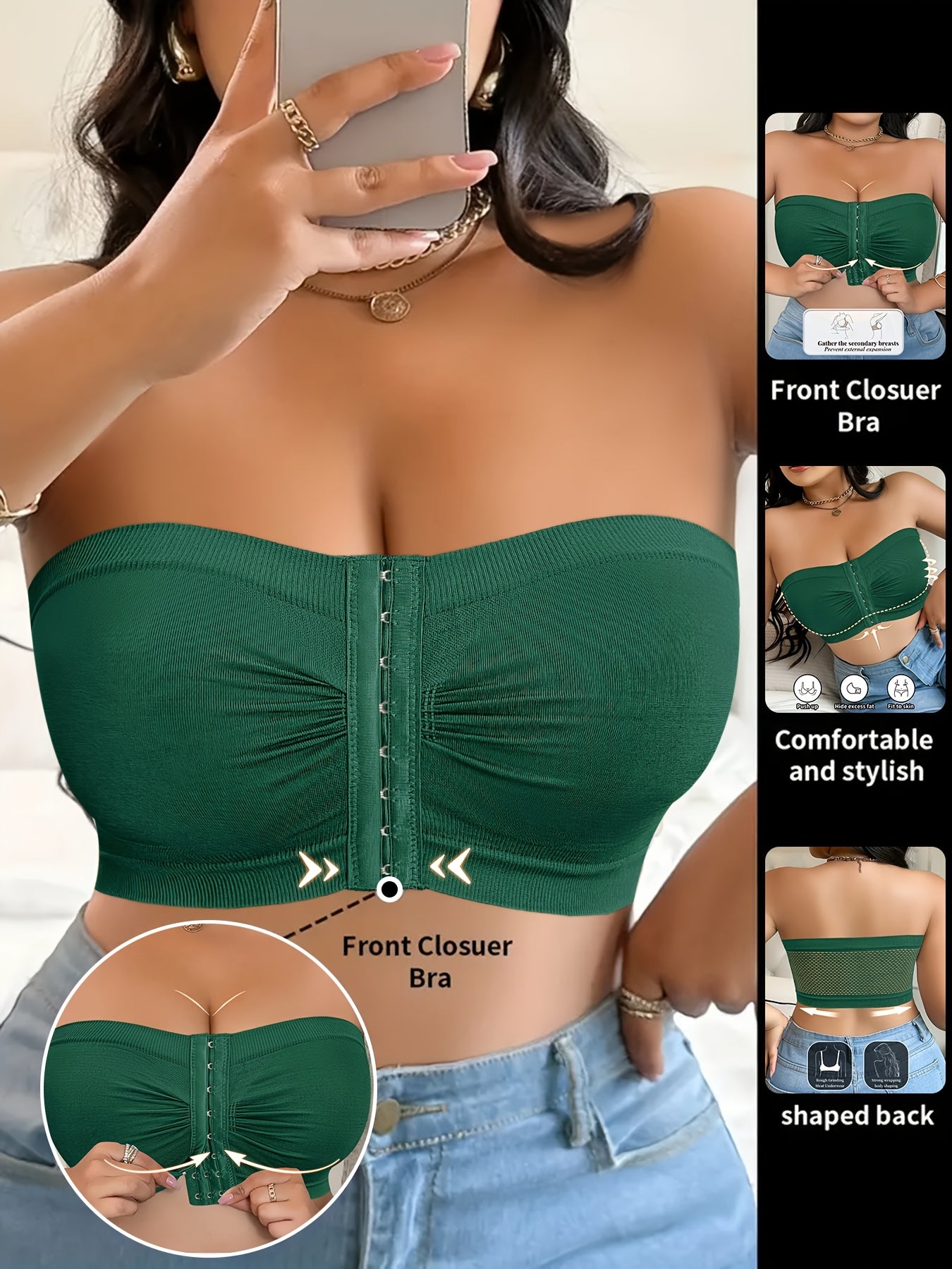 A Strapless Bra for Plus-Size Women Featuring Front Buttons, No Wires, And Designed to Lift And Prevent Sagging, Crafted from a Comfortable And Breathable Blend of Nylon And Elastane