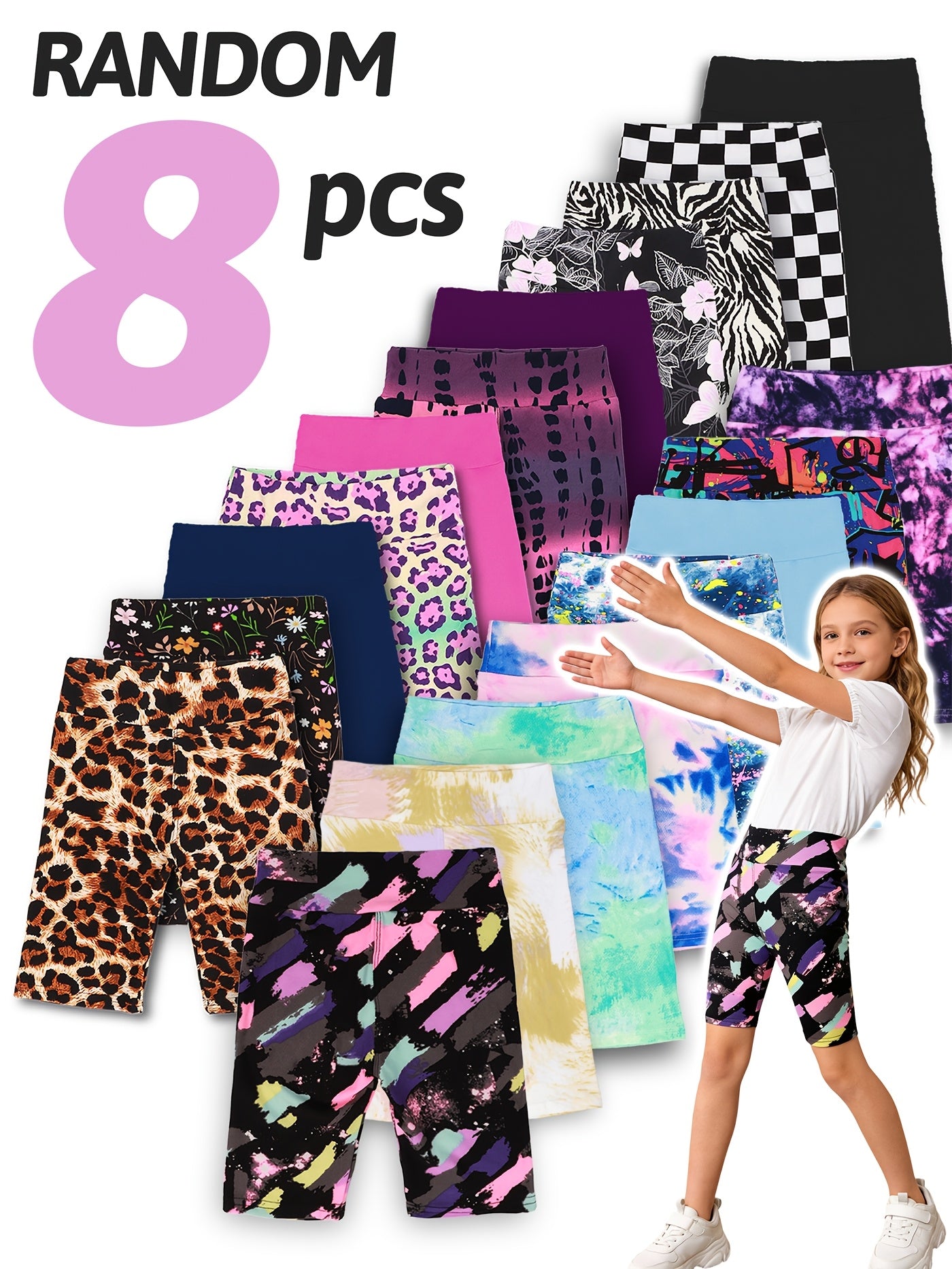 Random 5/8/10-Pack Girls Prints Summer Yoga Band Shorts Fashionable Children Stretchy Soft Knee Length Leggings Hot Days Kids Biker Shorts Back To School OOTD Bottom Shorts Under Dresses Grandma Love Child Breathable Sports Pants Home Clothing Short