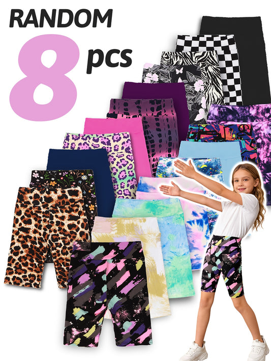 Random 5/8/10-Pack Girls Prints Summer Yoga Band Shorts Fashionable Children Stretchy Soft Knee Length Leggings Hot Days Kids Biker Shorts Back To School OOTD Bottom Shorts Under Dresses Grandma Love Child Breathable Sports Pants Home Clothing Short