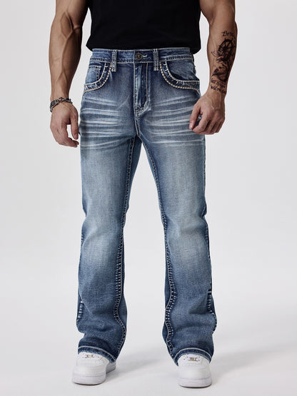 ESDVQ Men's Slim-Fit Classic Washed Denim Bell-Bottom Jeans - Mid-Stretch Machine-Washable Flared Pants with Suitable for All-Season Wear, Comfortable Stretchable Bell-Bottoms for Casual & Dressy Outfits